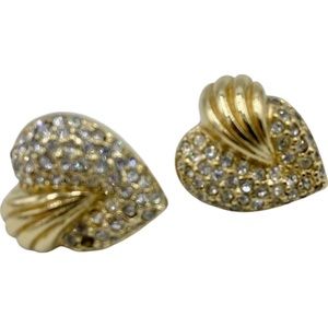 Pair Women’s Vintage Heart-Shape Gold-Plated Rhinestone Stud Pierced Earrings
